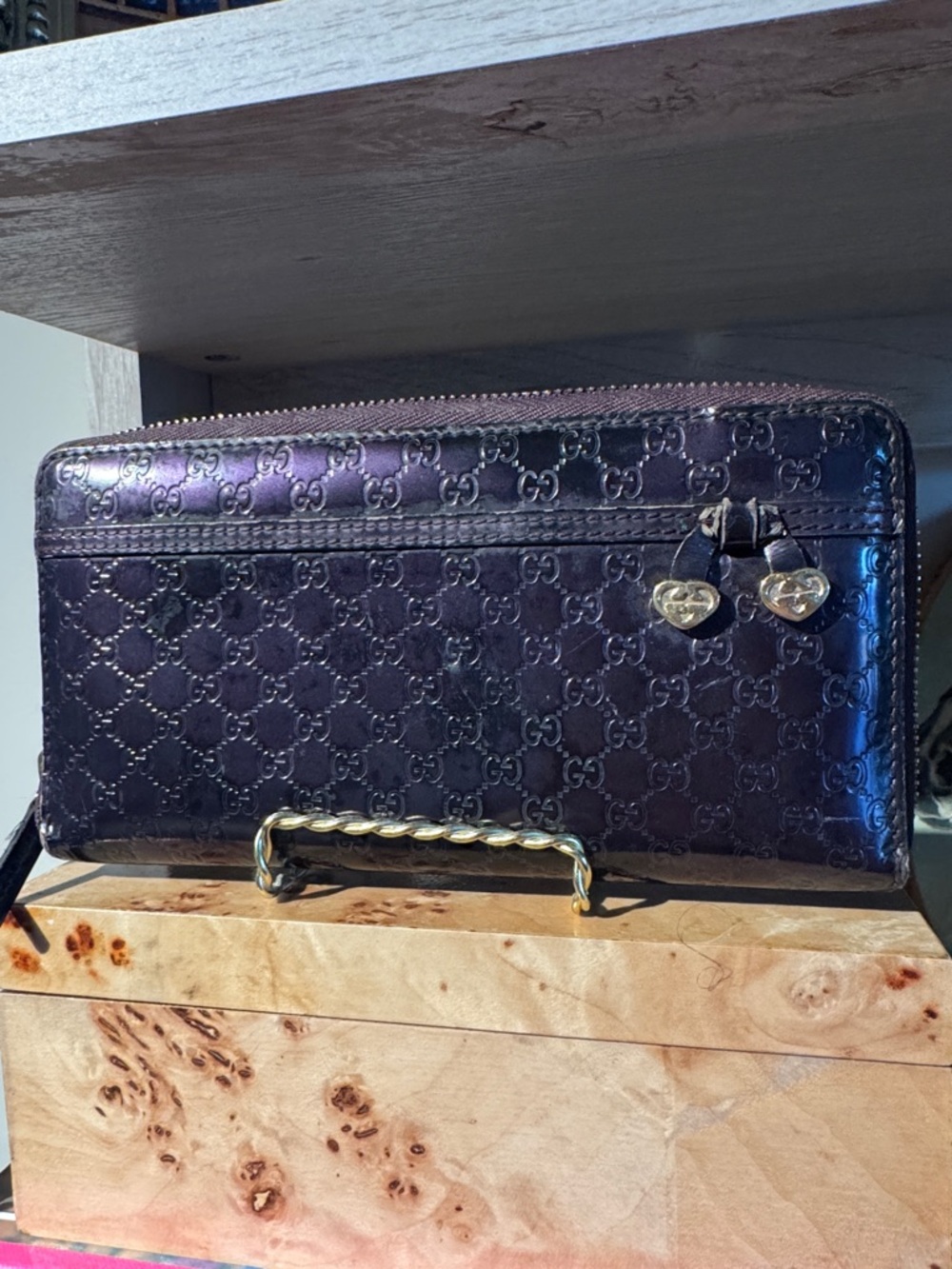 Vintage Gucci Metallic Plum GG Zip Around Wallet with Heart Pulls